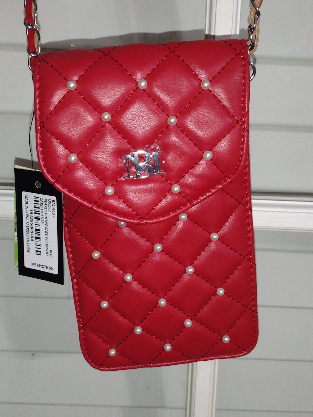 Badgley Mischka Red Quilted Pearl Crossbody Phone Bag
